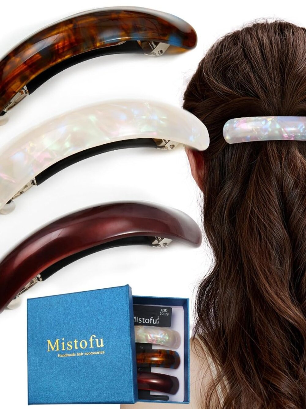Acetate Hair Barrettes for Women, French Style, 3-Pack, 3.93 in